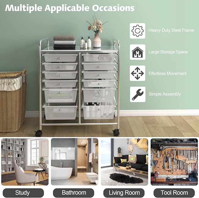 12 Drawer Rolling Storage Cart, Art Cart Organizer on Wheels, Mobile Utility Cart with Drawers, Multipurpose Craft Drawers for Home Office School Classroom (Clear)