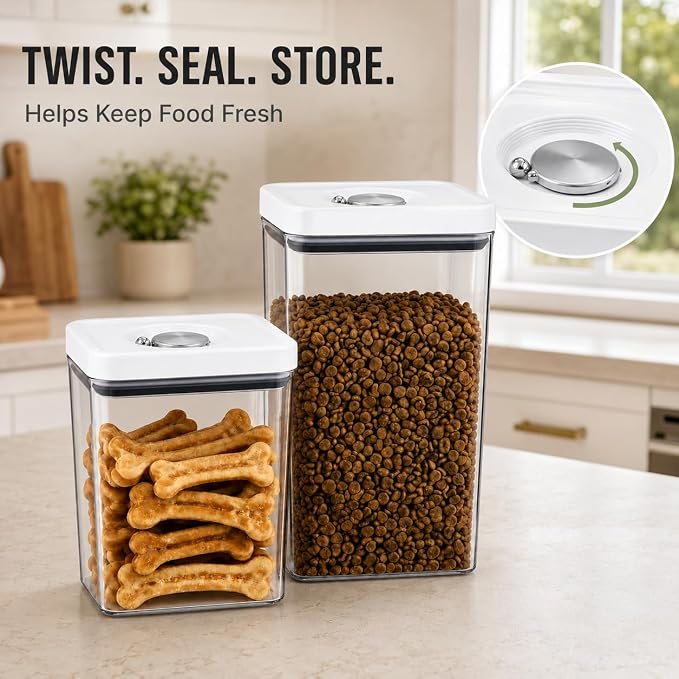 UFORU Dog and Cat Food Storage Containers, 3.1 and 4.4 Qt Airtight 2-Pack | Twist-Lock Lid, Kibble and Pet Treats, BPA-Free Material, Space-Saving Stackable Design, Easy One-Touch Opening