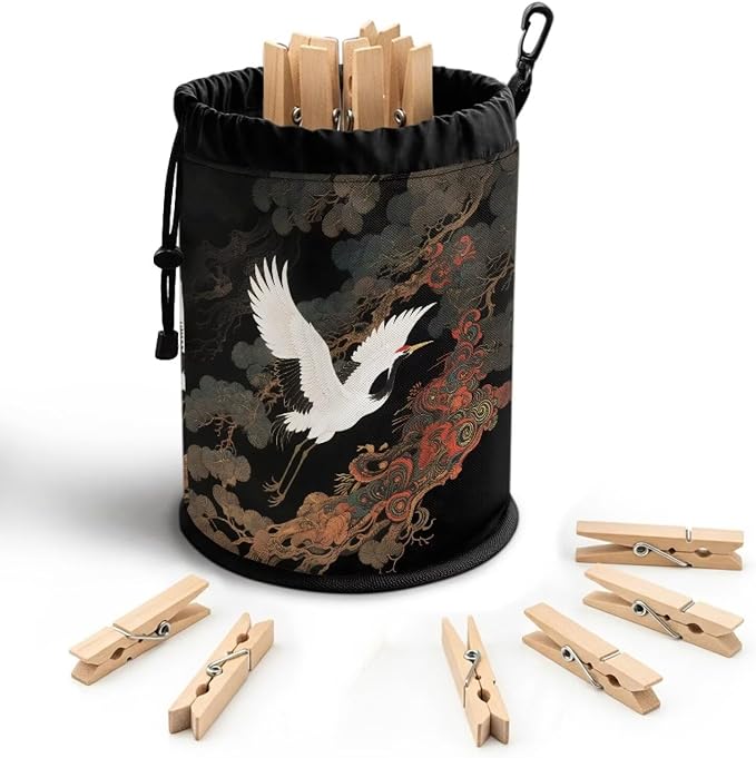 Laundry Clothespin Bag Organizer, White Crane Pine Tree Storage Pouch with Hanging Loop, Portable Clips Holder for Drying, Camping, Beach, Dorm Room Essentials