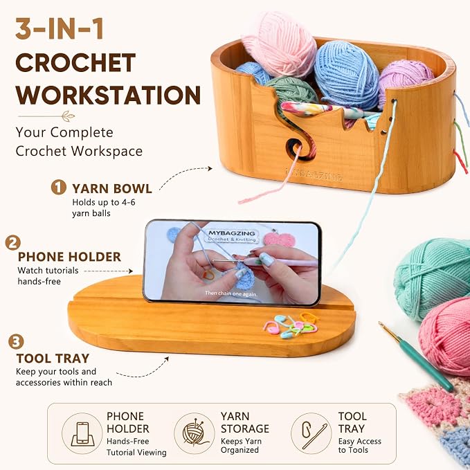 MYBAGZING Wooden Yarn Bowl with Lid, Large Acacia Crochet Yarn Holder with Phone Stand & Tool Tray, Yarn Storage Organizer for Knitting & Crocheting, Floral Design Gift for Crocheters
