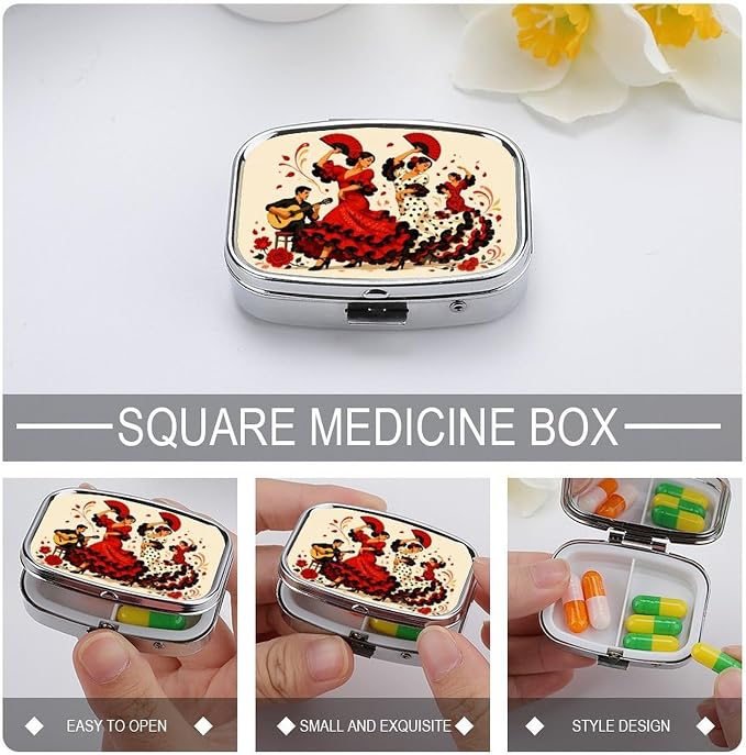 Flamenco Dancers Guitarist Roses Two Compartment Pill Box Medicine Organizer, Portable Pill Case with Secure Snap Closure for Vitamins Medication Supplements Daily Use