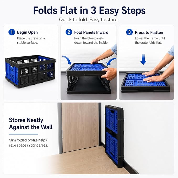 49L Collapsible Storage Crates, Stackable, Blue, 2 Pack | Heavy-duty foldable utility bins for trunks, garages, groceries, camping and moving; fold flat to 2.6 in.