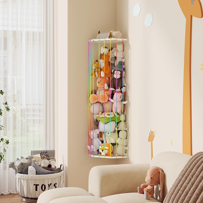 BBLlKE Stuffed Animal Storage Zoo - Corner Plush Toy Organizer Length Adjustable, Wall Hanging Stuffed Animal Net Holder for Nursery Playroom Bedroom Kids Room, Multicolor
