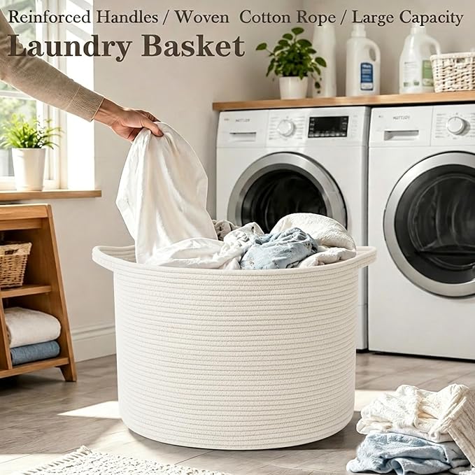 90L Large Blanket Basket,Rope WovenLaundry Basket-White | Collapsible, reinforced handles, nursery storage bin organizes clothes, toys and pillows for living room, bedroom bathroom