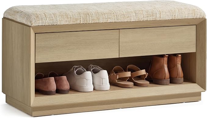 40" Wood Shoe Storage Bench, Modern Entryway Bench with Cushion | 2 Storage Drawers, Wooden Storage Bench for Bedroom End of Bed, Entryway, Mudroom, Closet, Living Room, Natural Wood
