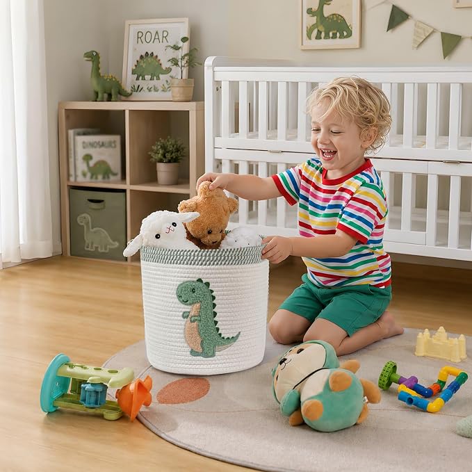 Dinosaur Toy Storage Basket for Toddlers Boys Dinosaur Room Decor, Medium | Cotton Rope Baby Hamper with Dinosaur Embroidery Toys Storage Organizer for Stuffed Animals, Books, Blankets 12" x 12"