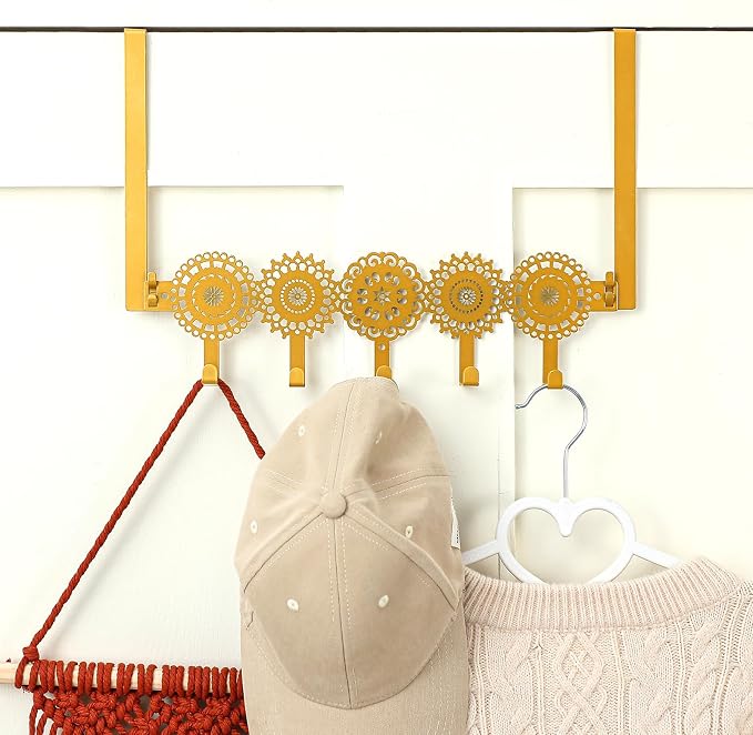 AceOrbit Gold Bohemian Over The Door Hooks Hanger 5 Hooks Rustic Decor | for Bedroom Bathroom, Organizes Towels Hats Clothes, Farmhouse Decor, Over the Door for Kids