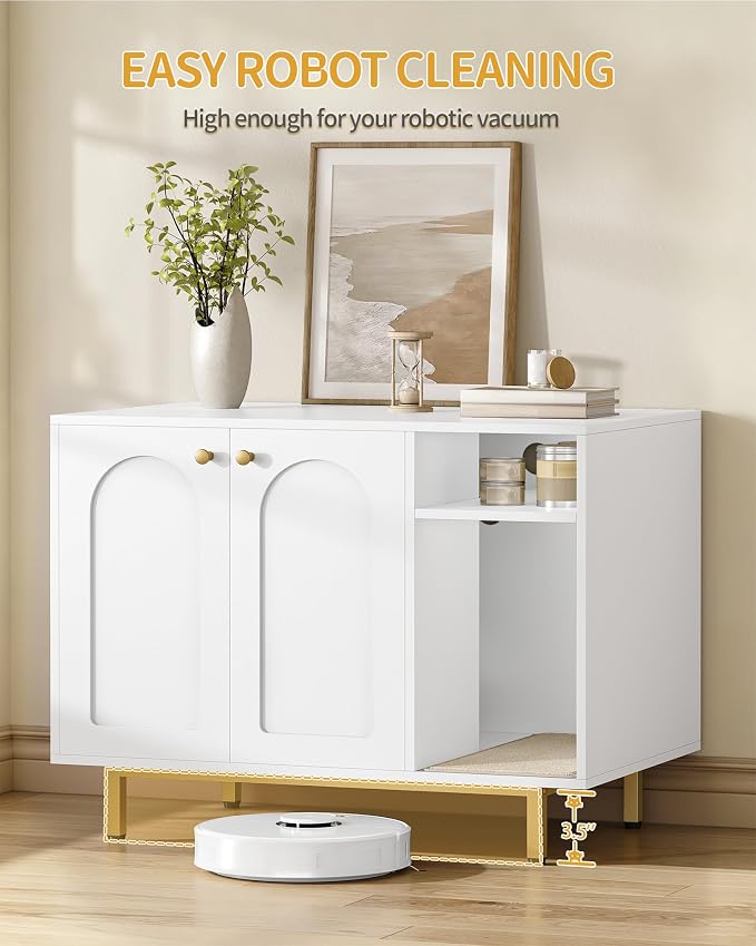 Hzuaneri Cat Litter Box Enclosure, Hidden Litter Box Furniture with Storage | Large Wooden Cabinet with Sisal Mat, Modern Cat Washroom for Living Room, Bedroom, Entryway, White and Gold 01503GCLB