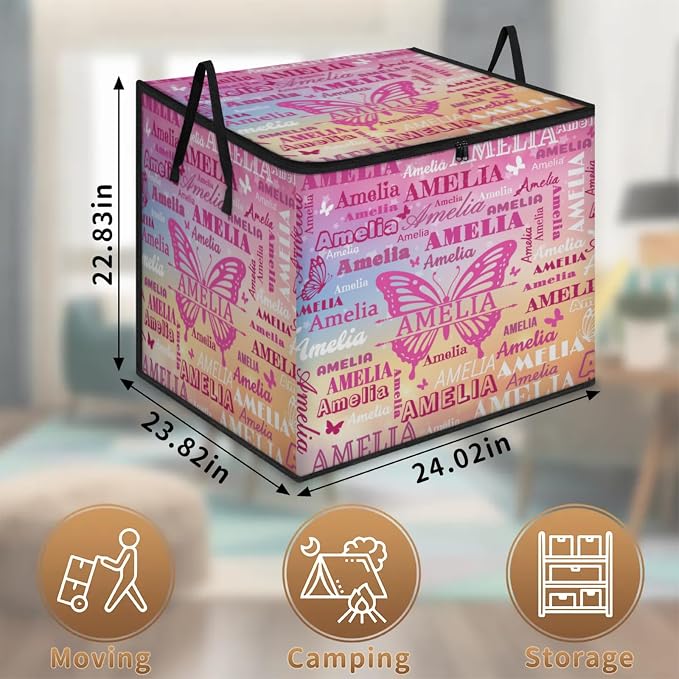 Custom Comforters Storage Basket with Lid, Personalized Name Large Organizer Bin for Pet/Children Toys, Books, Clothes, Perfect for Rooms/Playroom, Colorful Pink Butterflies
