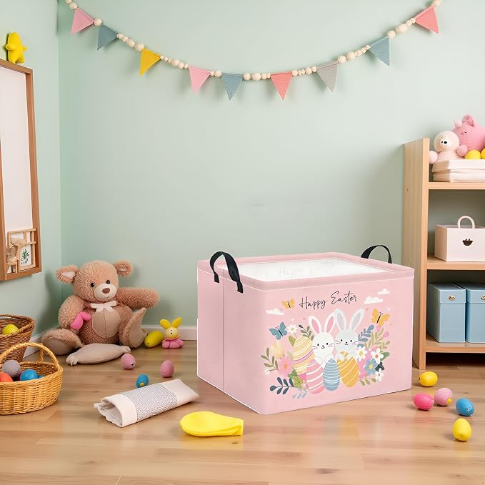 Rectangular Easter Basket for Home Kitchen Baby Girls Basket Cute Storage Bin Organizer Shelf Book Room Decor(Pink Easter)