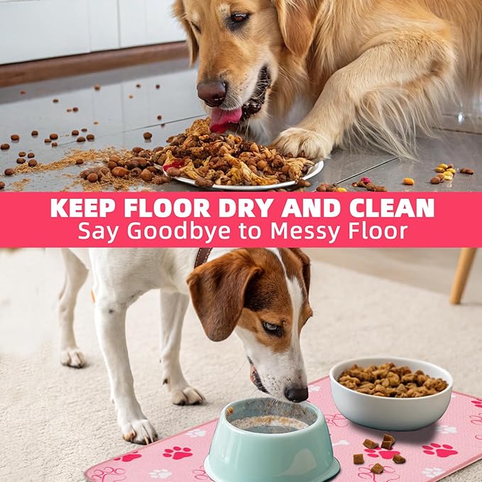 PUPTECK Dog Food Mat, Absorbent Pet Cat Feeding Mat for Food and Water Bowls, Anti-Slip Dog Placemat for Floors Waterproof, Pet Supplies Accessories, Pink M