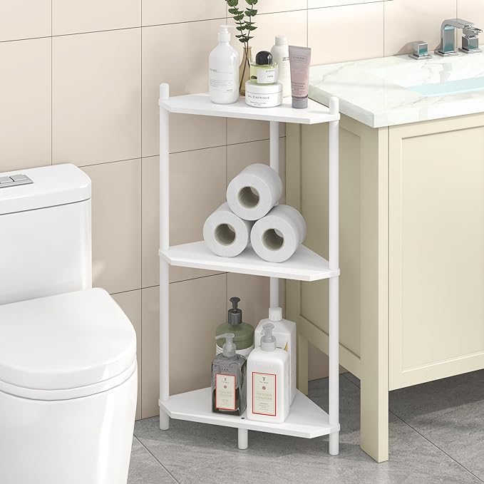 Wisuce White Small Corner Shelf Stand, 3-Tier Bamboo Corner Bookshelf | Space-Saving Narrow Corner Shelf | Bathroom Corner Shelf | Shelves for Bedroom, Living Room, Kitchen & Plant Display