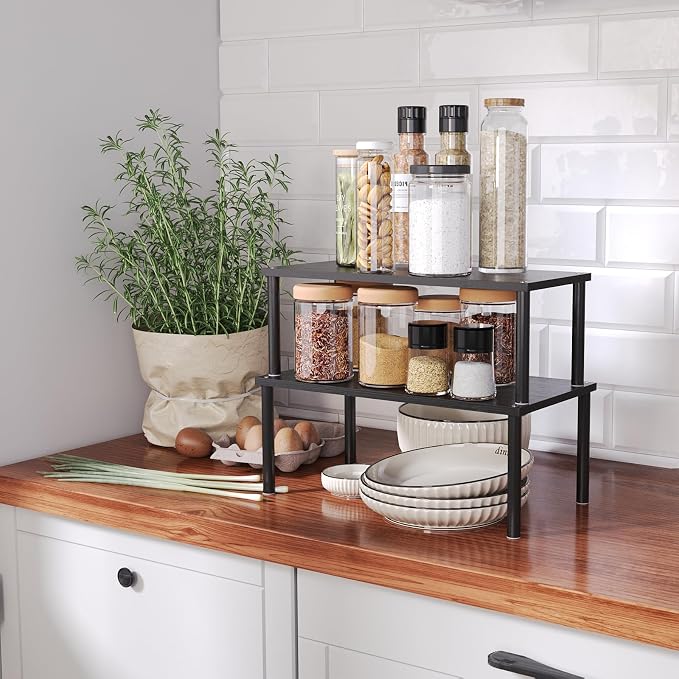 VERTORGAN 2 Pack Cabinet Organizer Shelf,Bamboo Countertop(Large,Black) | Kitchen Counter Shelves,Spice Rack Countertop and Cabinet,Cabinet Storage,Counter Organizer,Stackable Shelves