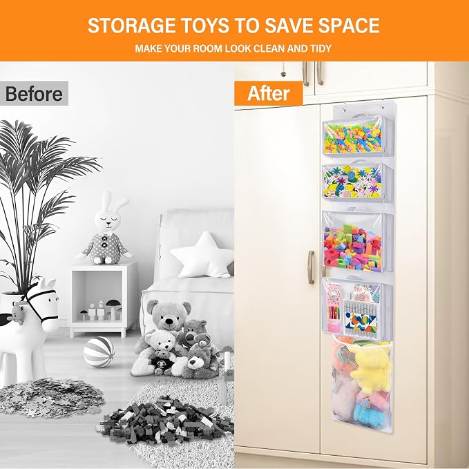 Over Door Organizer and Storage, Hanging Toy Holder with Removable Pouches | Toddler Room Wall Stuffed Animal Storage Bag Case, Kids Playroom Closet Back of Door Organization for Building Block, Puzzle
