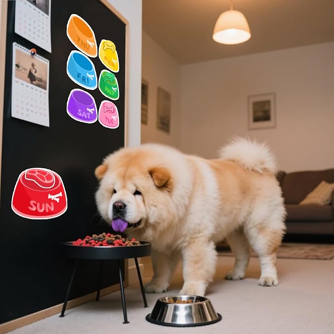 Chris.W Magnetic Dog Feeding Reminder Chart – Weekly Pet Food Tracker with Colorful Bowls, Bones & Meat Stickers – Dog Meal & Treat Planner for Fridge, Reusable Pet Fed Sign for Busy Owners