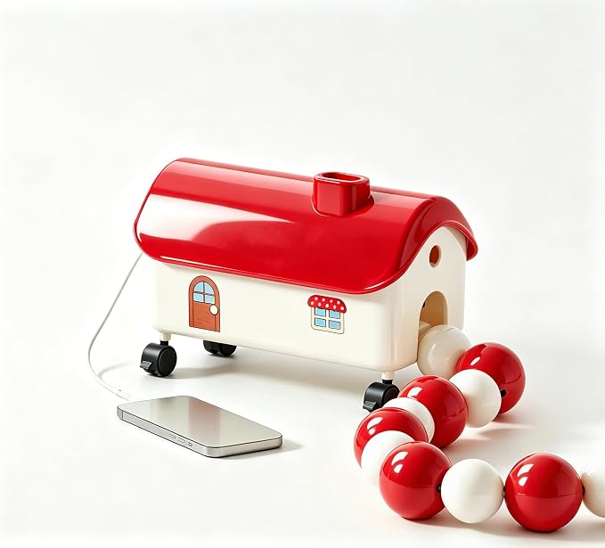 Cable Management Box with Decorative Beads, House Shaped Power Strip Storage, pet Proof Cord Concealer, Rolling Wire Organizer, Maple red Decorative Cord Box