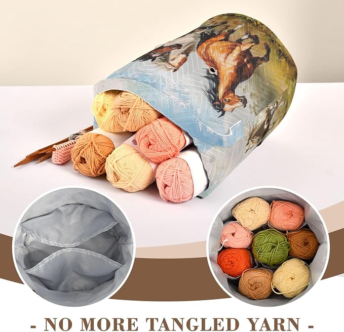 Fustylead Horses Galloping on Grassland Oil Painting Yarn Knitting Crochet Drawstring Bag with Customized Front Compartment, Portable Large Storage Basket for Crocheting Project, Yarn Ball, Needles