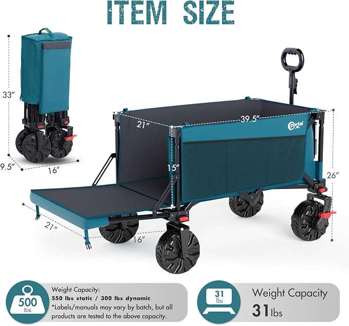 Portal 300L Large Wagons Carts Foldable with Tailgate, 550LB Heavy-Duty Collapsible Beach Wagon with All-Terrain Wheels, Oversized Folding Wagon for Camping, Sports, and Pets | Large Heavy-Duty Collapsible Beach Wagon with All-Terrain Wheels, Oversized...