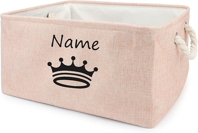 Personalized Dog Toy Storage Basket Bin Collapsible Customized Pet's Name Storage, Organizer for Dog Toys、Clothing、Apparel & Accessories with Box Crown Print(Pink-M)