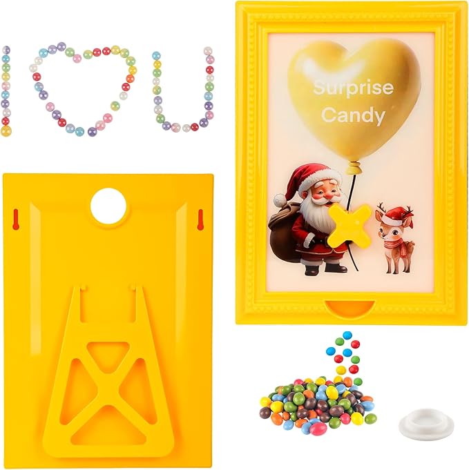 Candy Dispenser Picture Frame, Wall-Mount & Tabletop Gumball Machine with Multiple Designs for Candy, Nuts, Treats, Interactive Home and Office Decor (Santa Claus & Deer, Yellow)