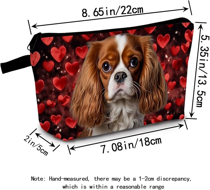 Cavalier King Charles Spaniel Makeup Bag Red Heart Background Adorable Dog Print Cosmetic Pouch for Dog Lovers Travel Toiletry Organizer Gift for Pet Enthusiasts
