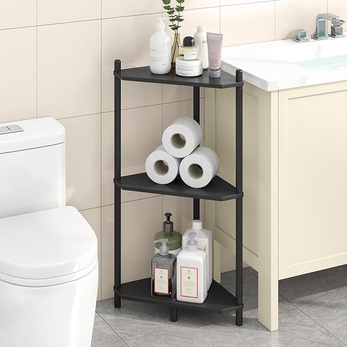 Wisuce Black Small Corner Shelf Stand, 3-Tier Bamboo Corner Bookshelf | Space-Saving Narrow Corner Shelf | Bathroom Corner Shelf | Shelves for Bedroom, Living Room, Kitchen & Plant Display