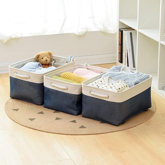 Storage Bins for Shelves - 1 Pack 15.7x11.8x8.3 inch Fabric Storage Cubes, Storage Basket for Organizing Gift Laundry Cloth Toy Room (White & Jean Blue)