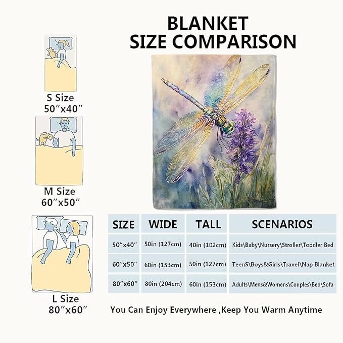 Dragonfly Blanket,40x50in,Cute Watercolor-Inspired Throw Blankets,Birthday Gifts for Kids Adult & Nature Lovers, Lightweight Soft Fleece Cozy,for Sofa Couch Bed Room Modern Decor