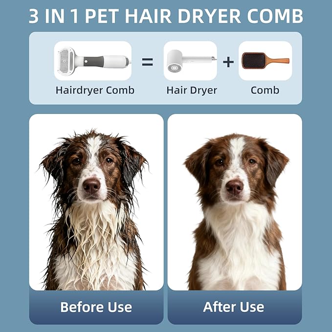 Dog Grooming Dryer with Slicker Brush, 3 in 1 Professional Portable Pet Dryer for Dogs Cats Adjustable Temperature Speed Settings, Pet Blow Brush for Home Travel Use (Gray)