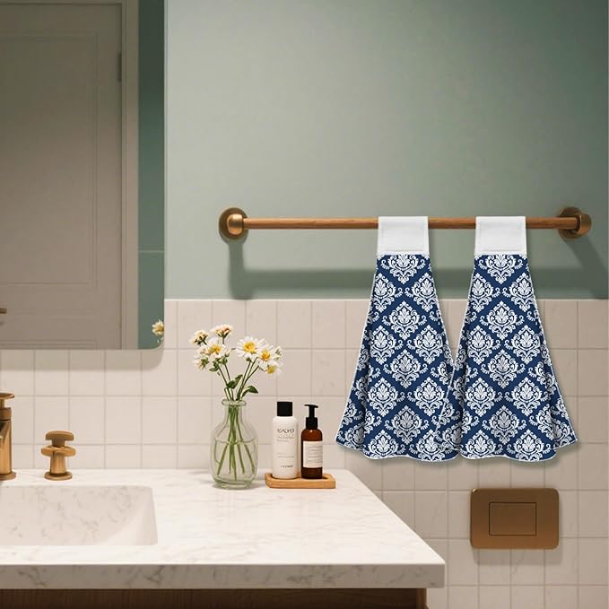 CUTHOLLOW Blue Retro Damask Hanging Kitchen Towels with Loop, Set of 2 - Soft & Super Absorbent Microfiber Decorative Hanging Dish & Hand Towel, Tea, Coffee Towel for Kitchen Bathroom Oven Handle