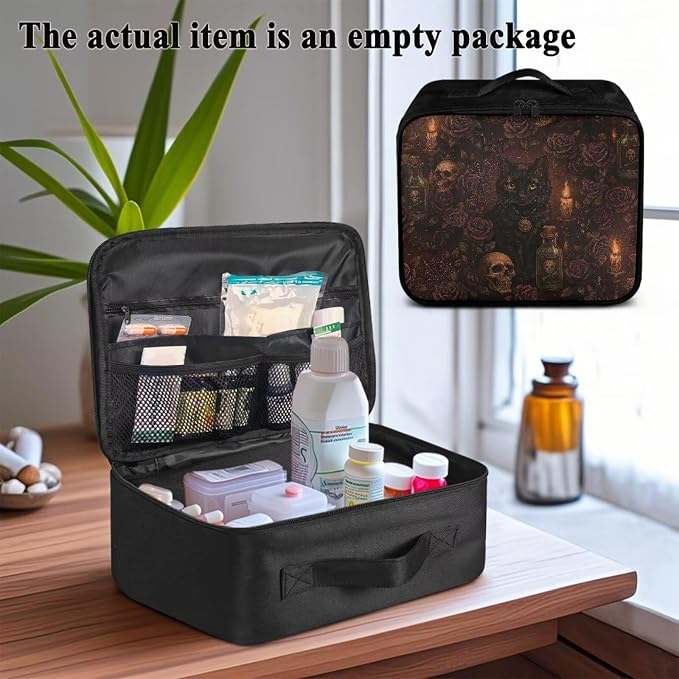 Gothic Empty First Aid Bag Black Cat Skull Empty First Aid Bag Medical Bag Empty Large Capacity for Home Office and Travel Use Lightweight Washable Soft Fabric