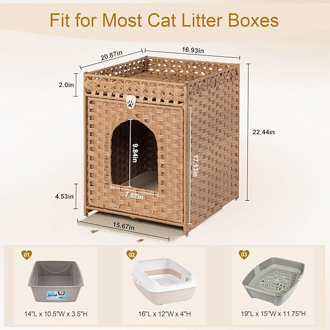 Snughome Cat Litter Box Enclosure Furniture Hidden with Litter Mat, Hidden Washroom Furniture with Door, Handwoven Rattan Cat Washroom Box, Indoor Pet House for Living Room, Bedroom(Natural)