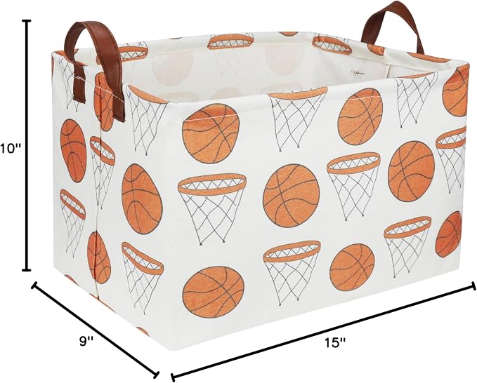 Rectangular Baketball Baskets,Kids Basket for Boy.Waterproof PE Coating Cute Basket with Handles.Boys Bin,Toys Box,Books Bins. (Basketball)