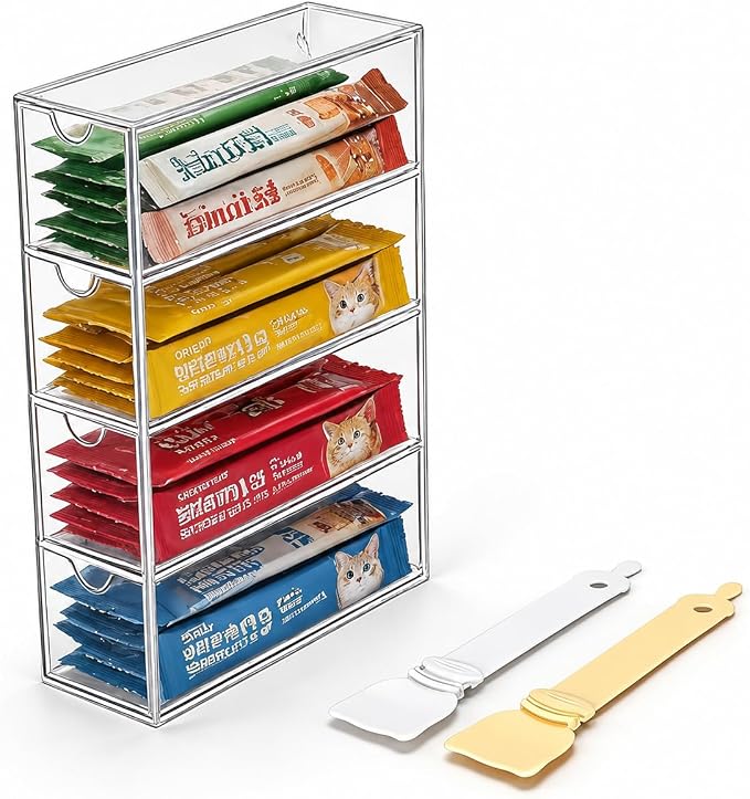 Lickable Cat Treats Organizer with 4 Drawers Clear Acrylic Cat Food Organizer for Wet Puree Tubes Countertop Treat Storage Display Container