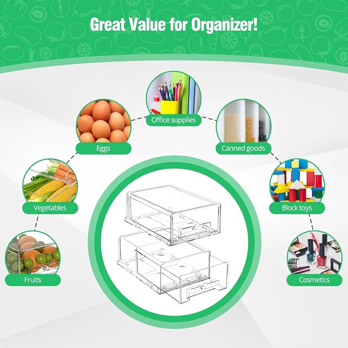 damynuo 2 Pack Refrigerator Drawers - Fridge Organizer Bins Stackable Storage Drawers, Clear Refrigerator Organizing Containers Pull Out Drawer for Fruit, Vegetable Storage and Keep Fresh
