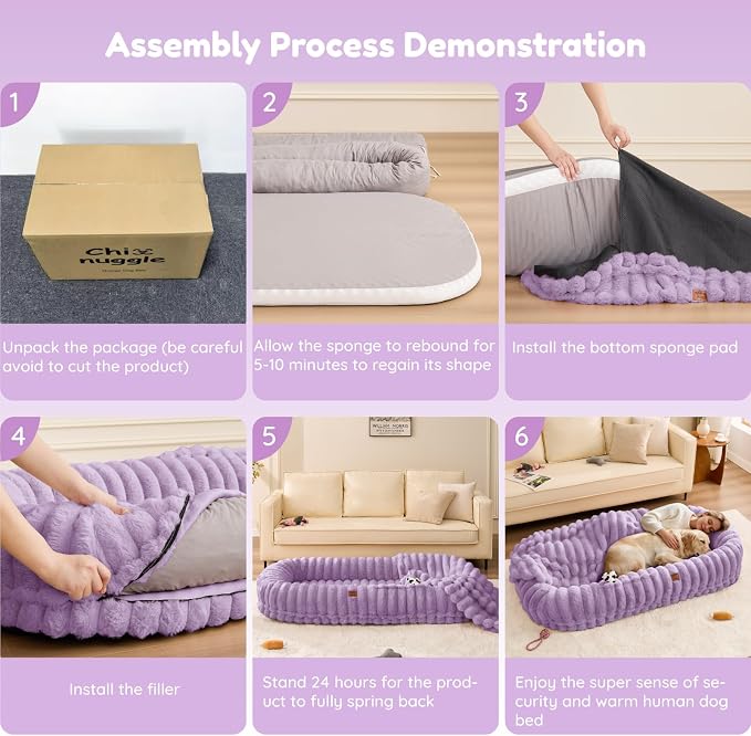 ChiXnuggle Orthopedic Human Dog Bed,Striped Faux Fur Washable Cover,Blanket | purple,72*40*10,giant dog bed for adult or extra large dogs,egg crate foam,non-slip bottom