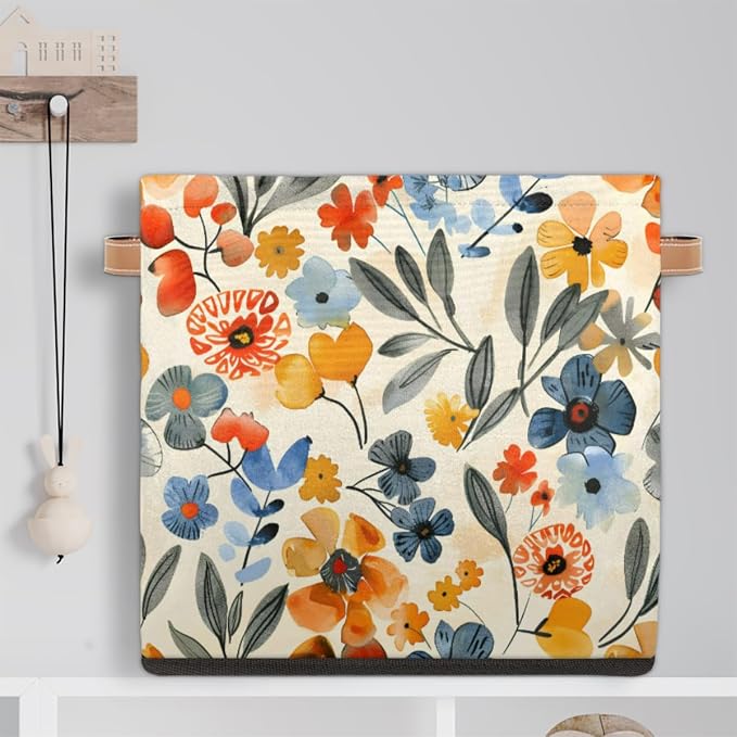 Floral Cube Storage Bin, 13 Inch Collapsible Fabric Storage Cubes Bin, Colorful Flowers Foldable Cube Baskets for Shelf, Closet, Organizer