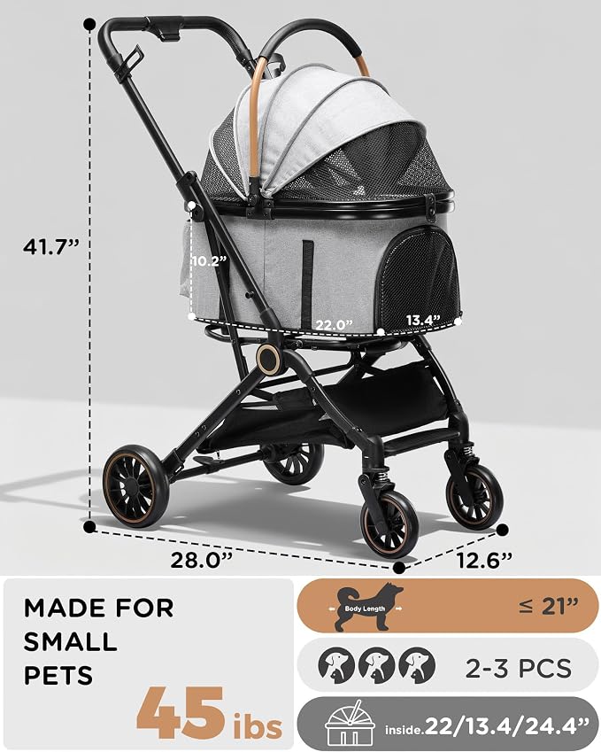 GTPLAYER Pet Stroller for Small Dogs and Cats, One-Click Foldable, Detachable Carrier, Breathable Mesh, 45 lbs Capacity, 2 Safety Leashes, Storage Basket & Cup Holder, Light Gray