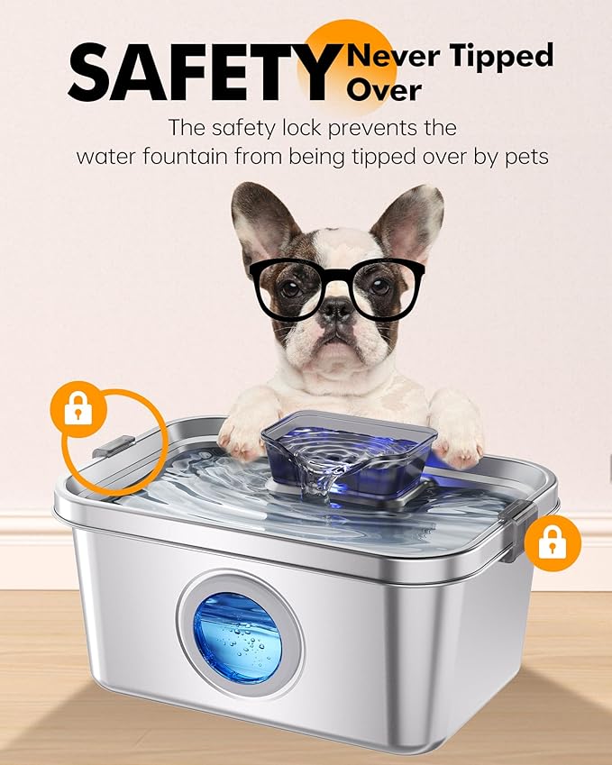 PETIMI Elevated Dog Bowl, 2 Gallon Dog & Cat Water Fountain with Stand, Large Indoor Raised Dog Bowl, Ultra Quiet Pet Fountain, Adjustable Height, Safety Lock, Anti-Tip, 3 Filters Included, Smart Pump