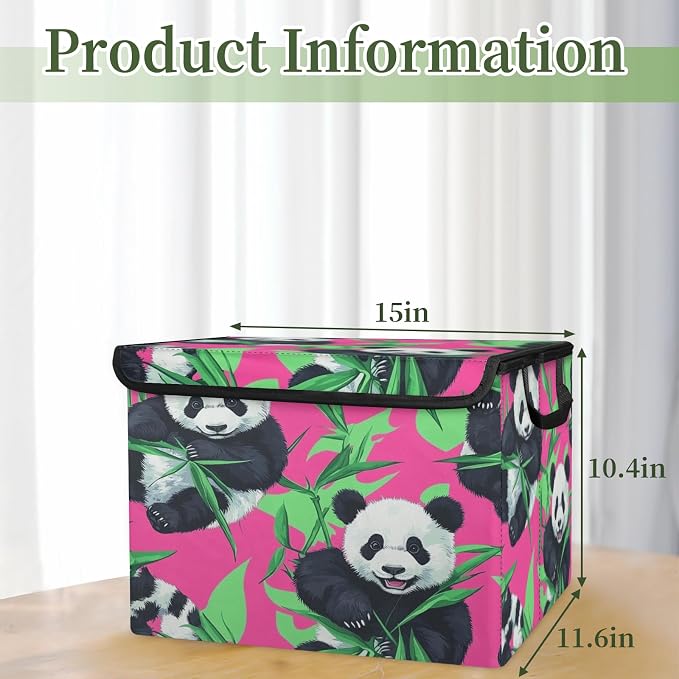 Panda Storage Bins with Lids, Bamboo Foldable Storage Boxes with Carrying Handle Organizer Containers Baskets Cube for Home Bedroom Closet