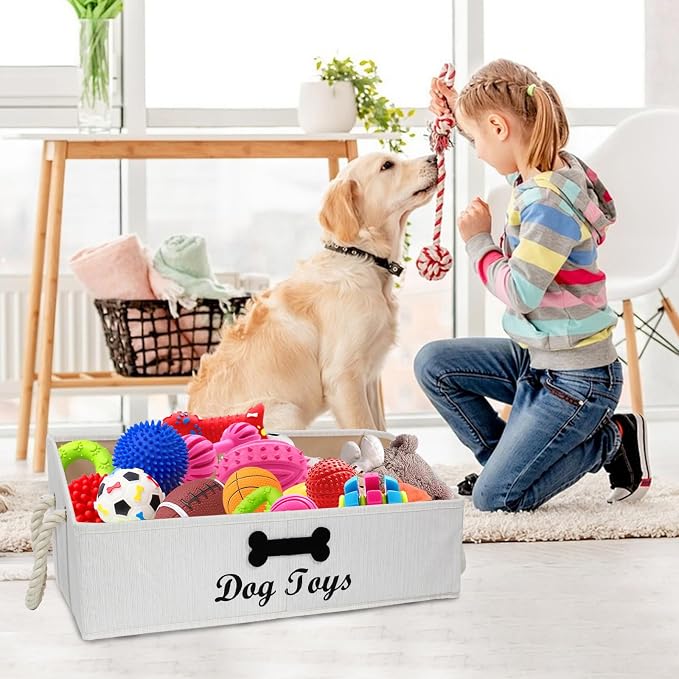 Large Dog Toys Storage Bins-Foldable Fabric Trapezoid Organizer Boxes with Cotton Handle,Can be Personalized,Collapsible Basket(Beige-Dog)