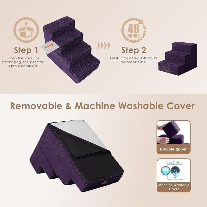 EHEYCIGA Dog Stairs for Small Dogs 13.5" H, 3-Step Dog Steps for Cats, Purple