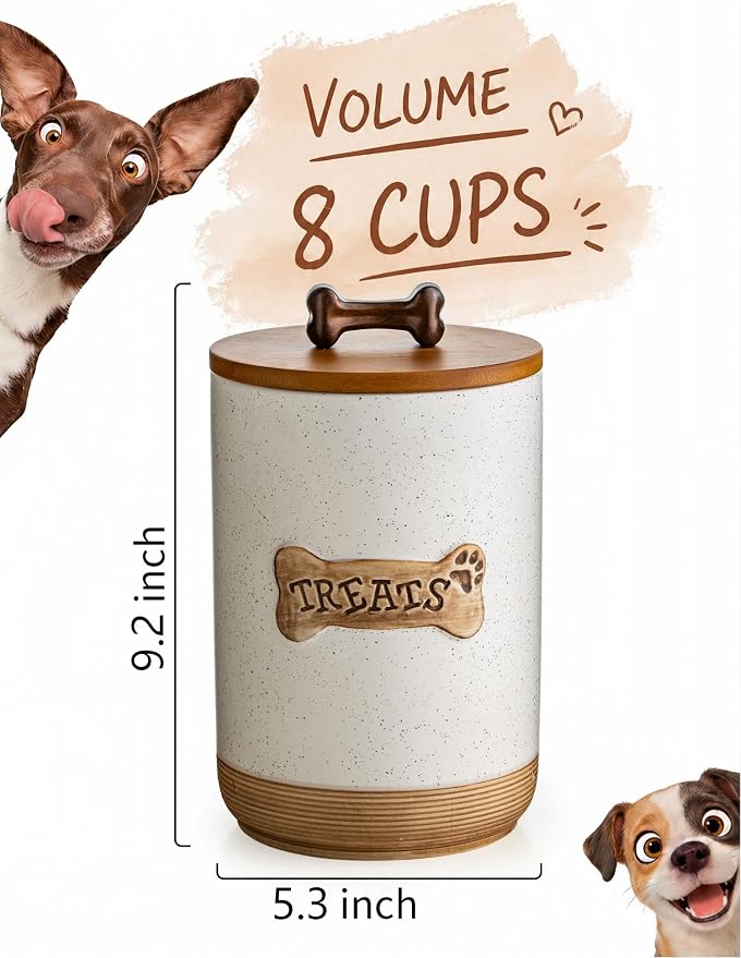 Miamolo Airtight Dog Treat Jar with Lid, Dog Treat Container for Countertop | Ceramic 8 Cups, Easy to Open | Small Dog Food Storage Canister, Farmhouse Dog Biscuit Jar Dog Lovers Gift | Bone Dotted White