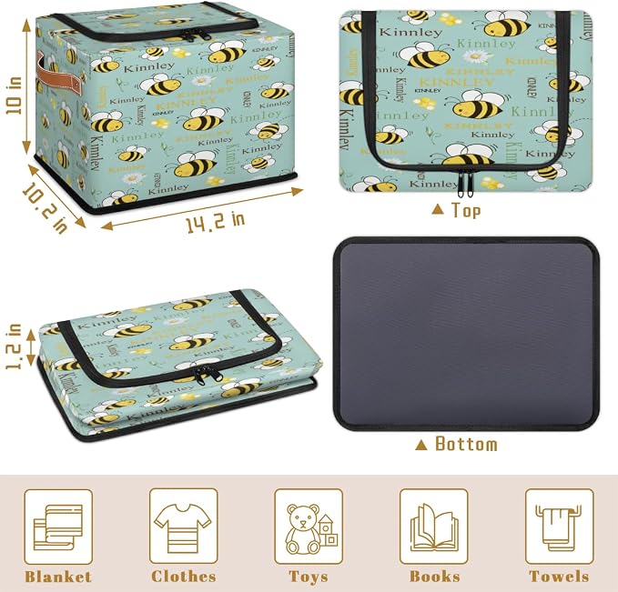 Personalized Name Storage Basket with Zipper Lid, Canvas Storage Bins Toys Clothes Organizer for Bedroom, Kitchen, Bathroom, Shelves, Closets, Cartoon Bee with Daisy Floral Ligth Green
