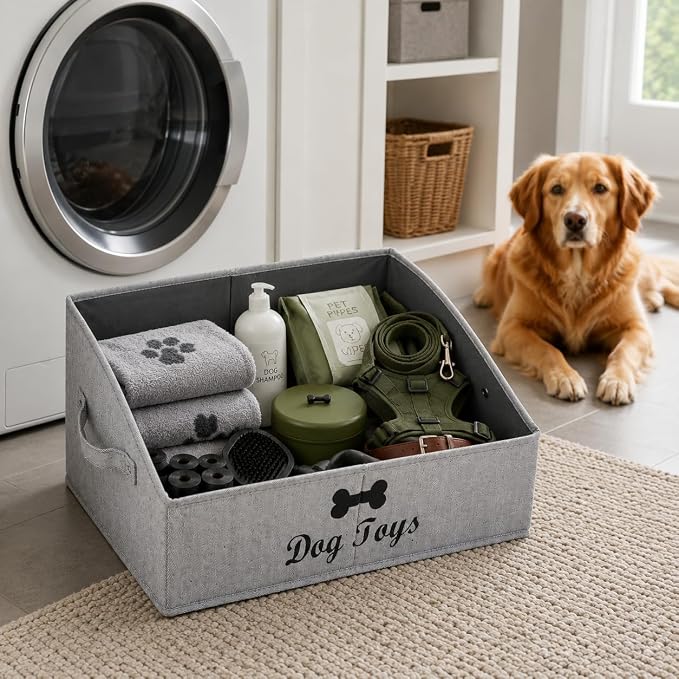 Geyecete Foldable Fabric Dog Toy Storage Box - Collapsible Basket with Handle, Organizer for Large Dog Toys (Slub Gray-DOG)