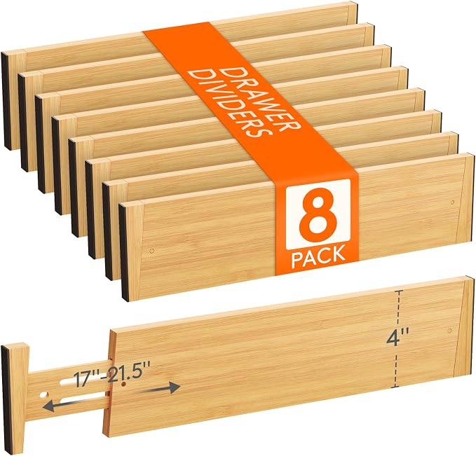Lifewit 4" High Dresser Drawer Dividers, Adjustable Bamboo Drawer Organizer | 8 Pack 17"-21.5" Expandable Drawer Separator for Clothes, Utensils, Kitchen, Cabinet, Closet, Nursery Organization & Storage