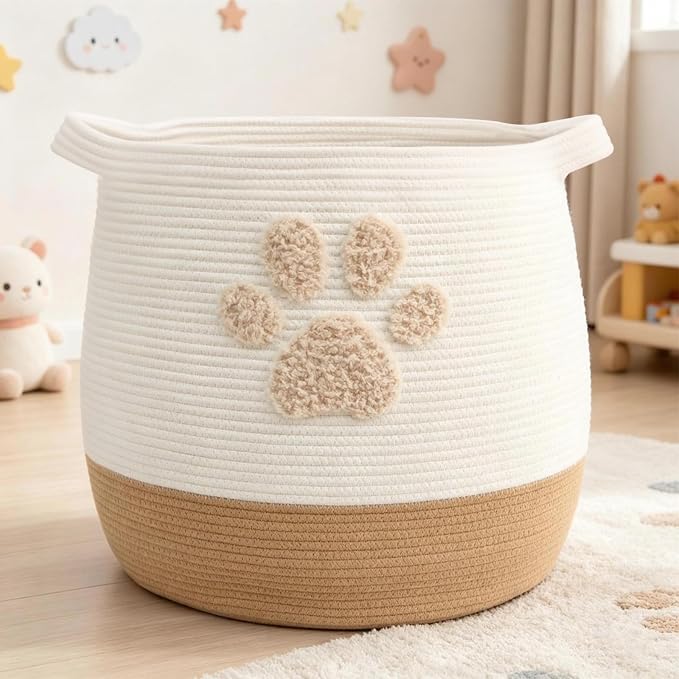 Large 17.7" Cotton Rope Pet Toy Storage Basket with Cute Paw Print - Woven Dog Toy Bin & Cat Organizer - Soft Round Hamper for Puppy Blankets, Treats, Nursery & Living Room Storage