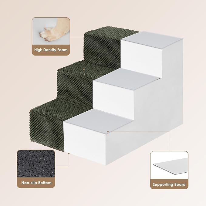 EHEYCIGA Dog Stairs for Small Dogs 13.5" H, 3-Step Extra Wide Dog Steps for Couch Sofa and Chair, Pet Steps for Medium Cats, Non-Slip Balanced Pet Ramp Indoor, Military Green