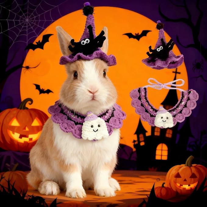 Halloween Cat Costume & Dog Outfit – Handmade Purple Witch Hat & Cute Ghost Cat Clothes, Adjustable Pet Outfit for Rabbits,Cats &Small Dogs, Lightweight & Breathable, Festive Pet Accessories