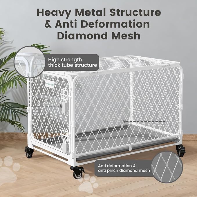 30 Inch Collapsible Dog Crate with Diamond Mesh, No-Tool Assembly Foldable Dog Kennel with 4 Lockable Wheels,Removable Tray,Portable Dog Cage for Medium/Large Dogs, Space-Saving, Indoor Outdoor Use
